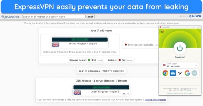 image of ExpressVPN's Windows app connected to a UK server, with the results of a leak test showing no data leaks.