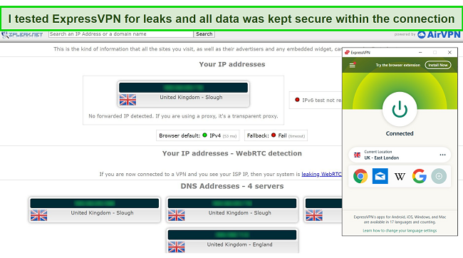 Screenshot of ExpressVPN passing a leak test