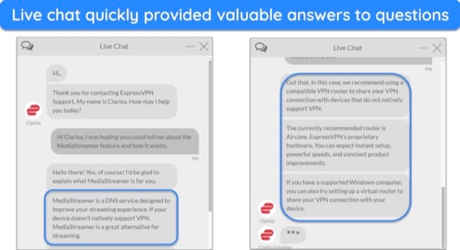 images of ExpressVPN's live chat, with an agent responding to questions about the MediaStreamer feature.