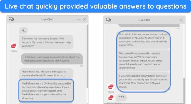 Images of ExpressVPN's live chat, with an agent responding to questions about the MediaStreamer feature.