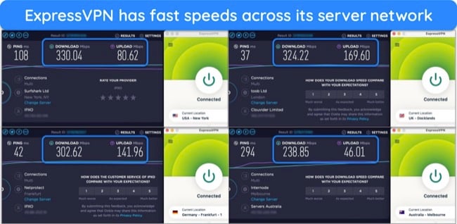 images of Ookla speed test results, with ExpressVPN connected to servers in the US, UK, Germany, and Australia