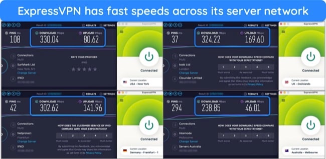 Screenshot of ExpressVPN's speed test results with servers in the US, UK, Germany, and Australia