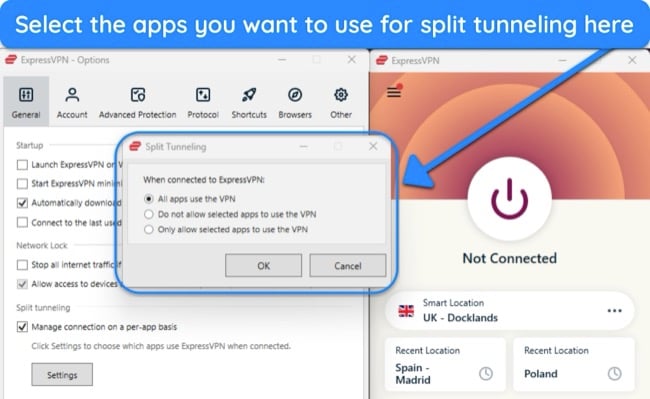 image of ExpressVPN's Windows app, showing the split tunneling feature.