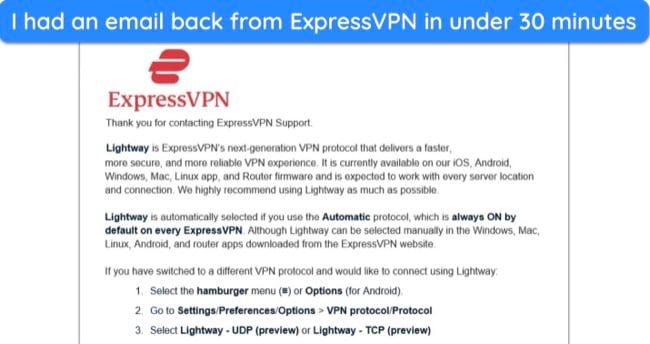 ExpressVPN support email response screenshot