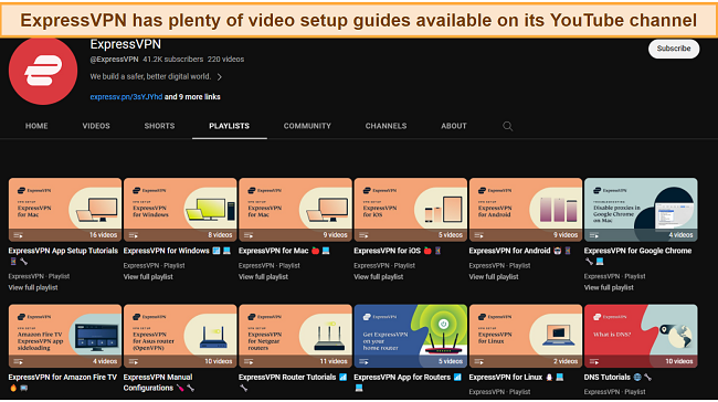 Screenshot of ExpressVPNs YouTube page showing all setup guides and video tutorials