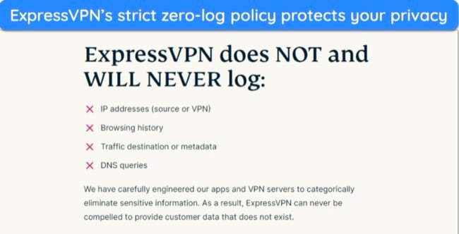 image of ExpressVPN's website stating that ExpressVPN won't log personally-identifiable data.