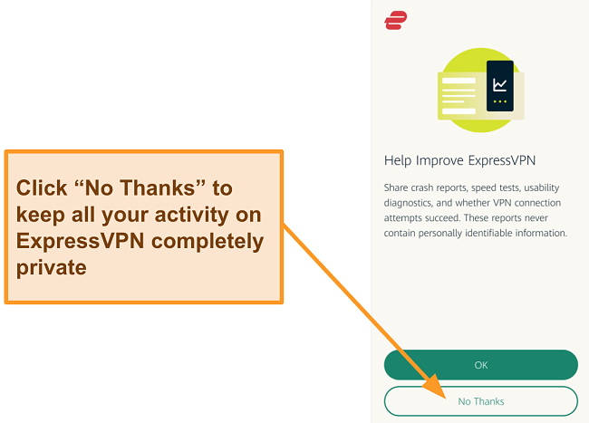 Screenshot of the ExpressVPN app asking for user permission to share crash reports, speed test, and other user data with the company