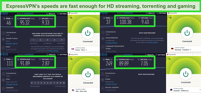 Screenshot of speed tests carried out on ExpressVPN servers in France, Germany, the US, and Australia