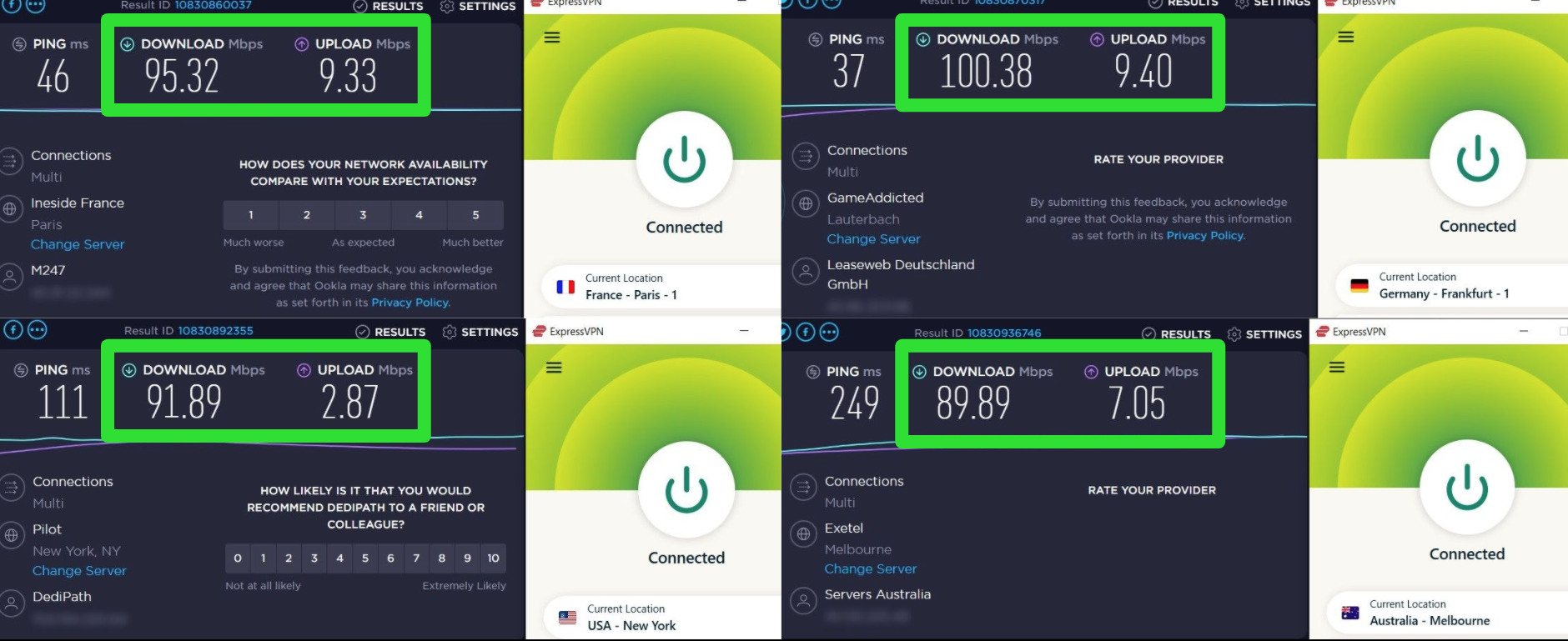 Screenshot dei risultati del test di velocità di ExpressVPN quando è connesso a diversi server a livello globale.