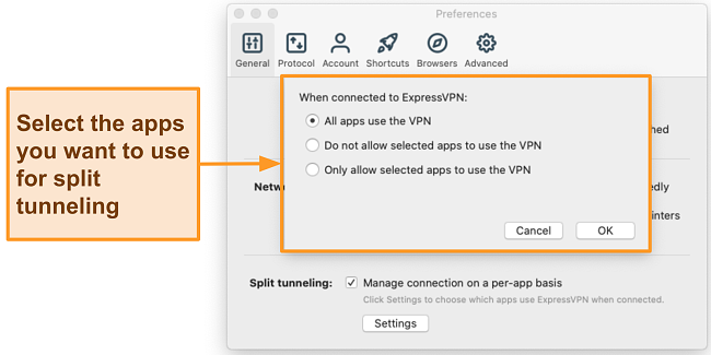 Screenshot of a user setting up the split tunneling feature on the ExpressVPN app