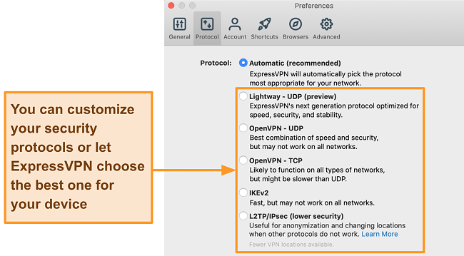 Screenshot of the ExpressVPN app displaying all the available protocols including Lightway, OpenVPN, IKEv2 and L2TP/IPsec