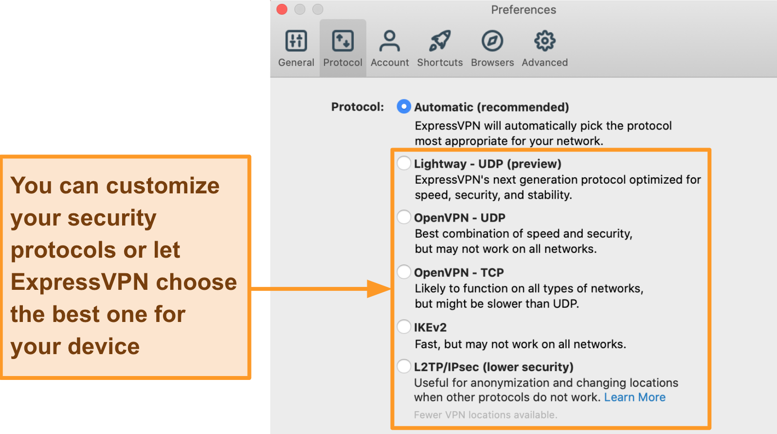 Screenshot of the ExpressVPN app displaying all the available protocols including Lightway, OpenVPN, IKEv2 and L2TP/IPsec