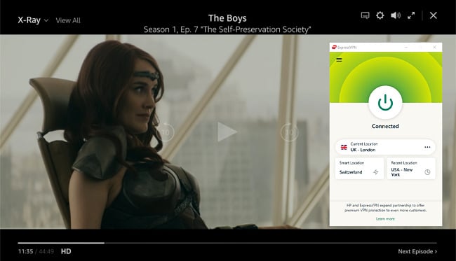 Tangkapan layar dari ExpressVPN yang terhubung ke server Inggris Raya dan membuka blokir The Boys di Amazon Prime Video