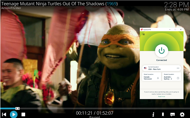 Screenshot of ExpressVPN connected to a US New York server and unblocking Teenage Mutant Ninja Turtles on Kodi