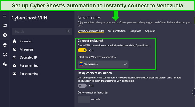 Image of CyberGhost's Windows app, showing the Smart Rules automation configured to connect to Venezuela.