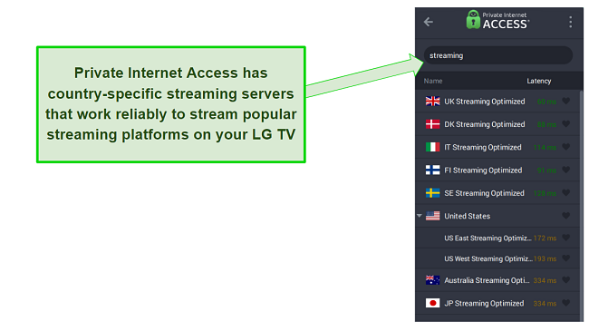 Screenshot showing Private Internet Access streaming optimized servers for LG Smart TVs