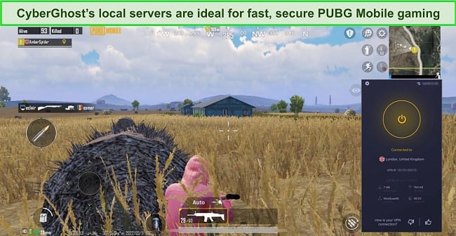 creenshot of iOS PUBG Mobile app in-game with CyberGhost's iOS app connected to a UK server.
