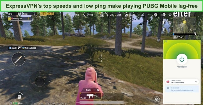 ExpressVPN Alt text: Screenshot of PUBG Mobile game in action with ExpressVPN connected to a UK server, both using iOS apps.