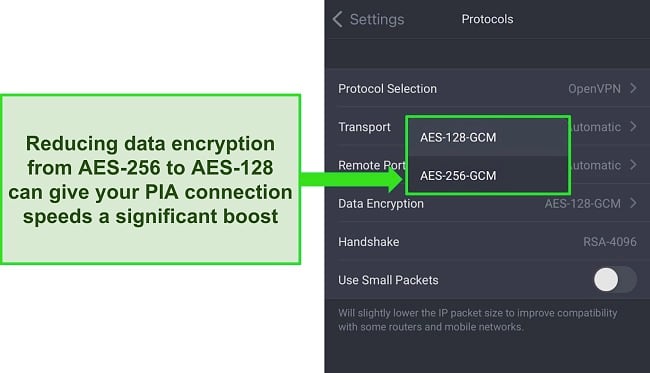 Screenshot of PIA's iOS app showing the method of lowering AES encryption level from 256-bit to 128-bit to improve speeds.