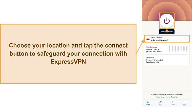 Screenshot showing how to connect to ExpressVPN on Android