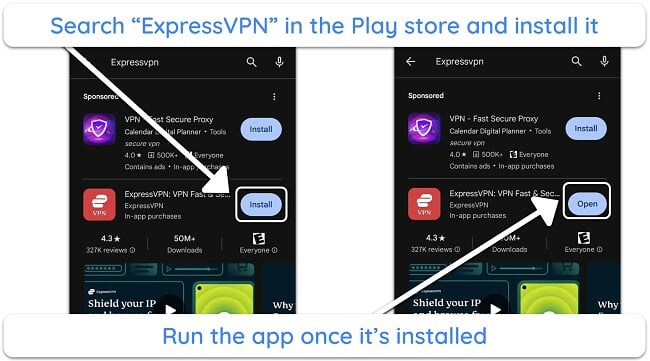 Screenshot showing how to install ExpressVPN via the Google Play store