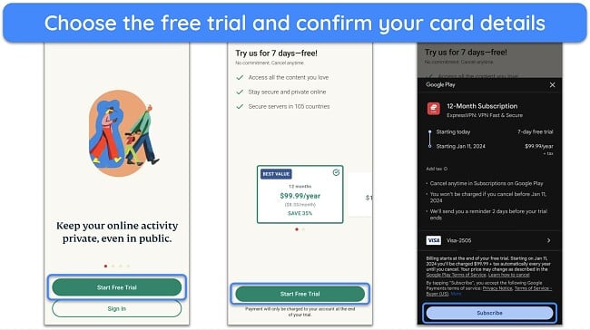 Screenshot showing how to get ExpressVPN's trial on Android
