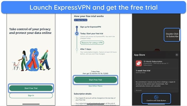 Screenshot showing how to get ExpressVPN's free trial on iOS