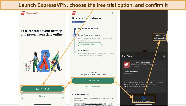 Screenshot showing how to get ExpressVPN's free trial on iOS