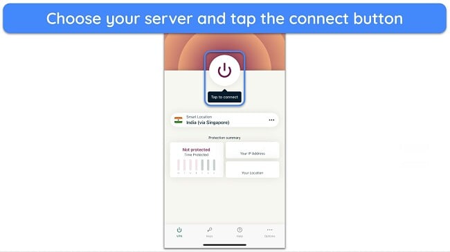 Screenshot showing how to connect to ExpressVPN on iOS