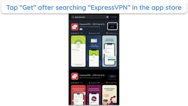Screenshot showing how to install ExpressVPN on iOS