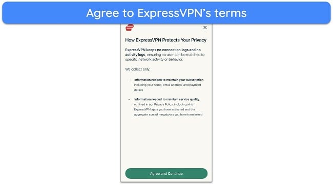 Screenshot showing ExpressVPN's terms and conditions screen on iOS