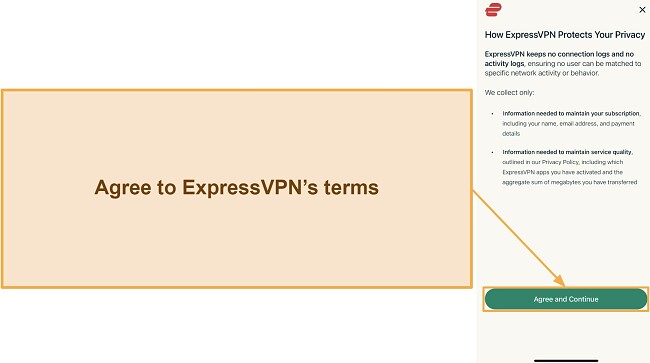 Screenshot showing how to agree to ExpressVPN's terms