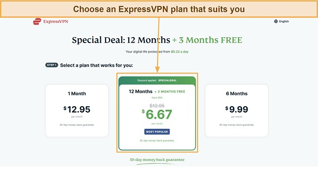 Screenshot showing how to choose your ExpressVPN plan