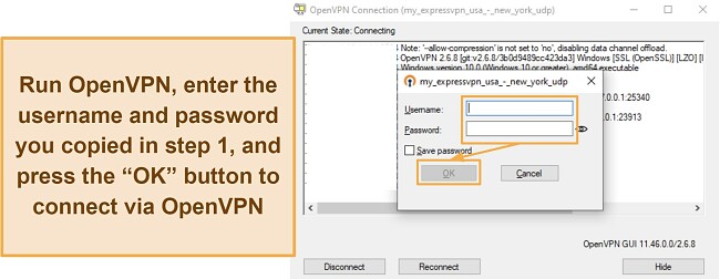 Screenshot showing how to connect to ExpressVPN's servers manually via OpenVPN