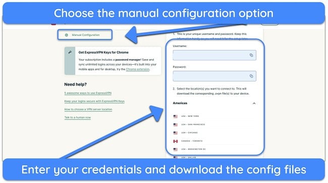 Screenshot showing how to download ExpressVPN's manual configuration files