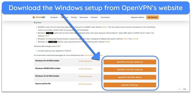 Screenshot showing how to download OpenVPN's Windows GUI