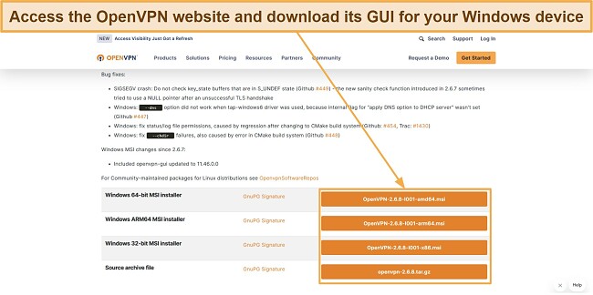 Screenshot showing how to download OpenVPN's GUI