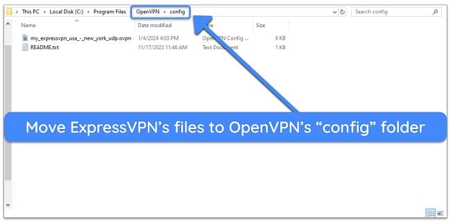 Screenshot showing where to relocate ExpressVPN's configuration files