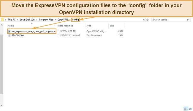 Screenshot showing where to relocate ExpressVPN's configuration files