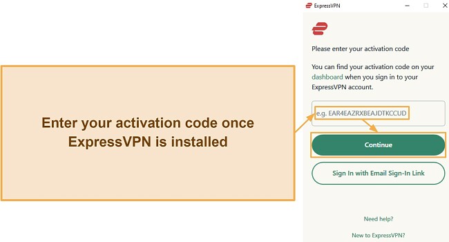 Screenshot showing how to activate ExpressVPN after installing it