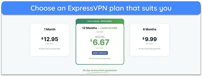 Screenshot showing the available ExpressVPN plans