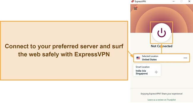 Screenshot showing how to connect to an ExpressVPN server