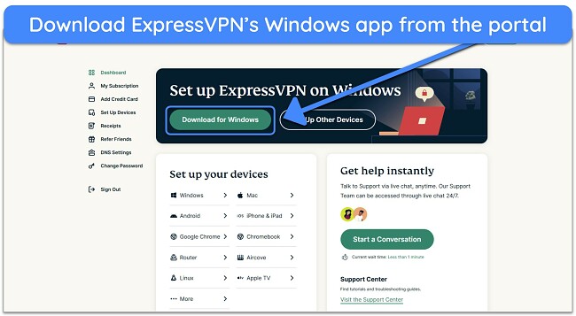 Screenshot showing how to download ExpressVPN's setup for Window