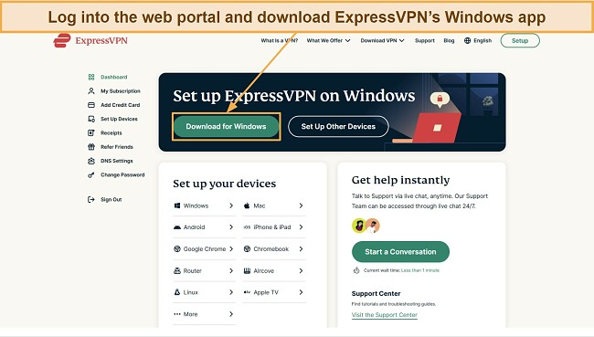 Screenshot showing how to download ExpressVPN's setup for Windows