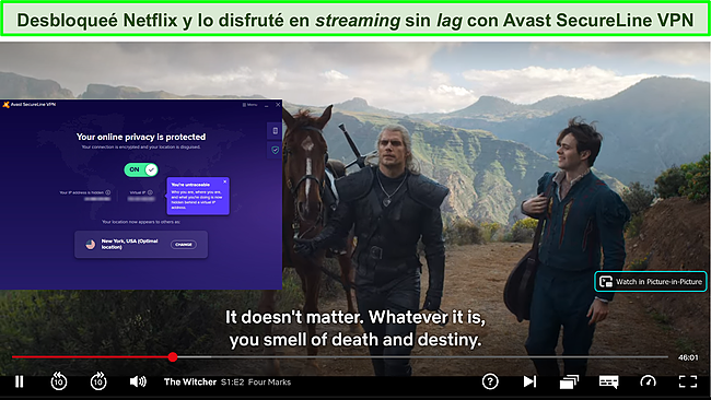 Captura de pantalla de Avast SecureLine VPN desbloqueando The Witcher en Netflix.