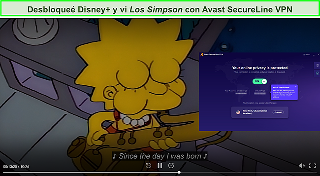 Captura de pantalla de Avast SecureLine VPN desbloqueando Los Simpson en Disney +.