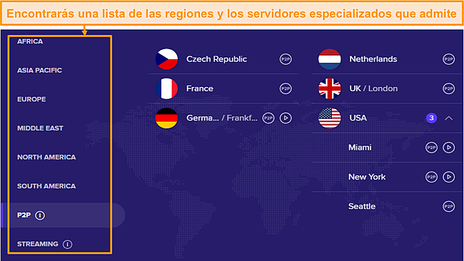 Captura de pantalla de los servidores VPN de Avast SecureLine por regiones.
