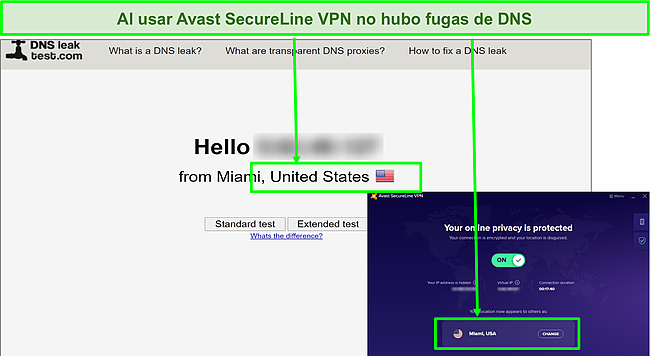 Captura de pantalla de las pruebas de fugas de DNS que muestran que Avast SecureLine VPN enmascaró mi dirección IP real.