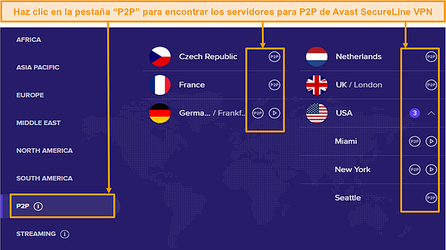 Captura de pantalla de los servidores P2P dedicados de Avast SecureLine VPN.