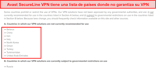 Captura de pantalla de la publicación del blog de Avast que muestra una lista de países en los que es posible que la VPN no funcione.